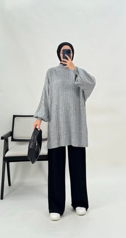 2199-çizgi detaylı boğazlı triko tunik-gri