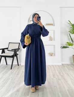 5414-terikoton kumaş-önden bağlamalı elbise-lacivert