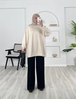 5236-oysho kumaş-balıkçı yaka düz model tunik-krem 