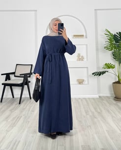 8693 - düz kesim kuşaklı dokuma cupra kumaş elbise - lacivert 