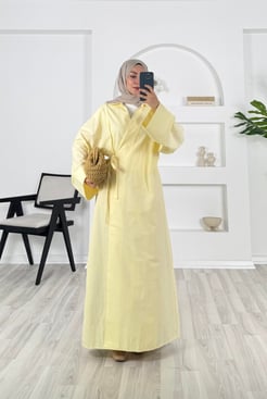 4652 - poplin kumaş yaka detaylı uzun kimona ceket - sarı  