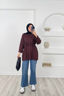 9704 kristal kumaş kolları katlama detaylı yanları yırtmaçlı tunik-acı kahve