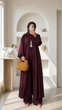 7366-modal kumaş kolları ipli pantolonlu takım-bordo