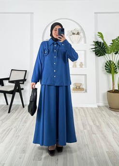 8439-keten kumaş-göğüs gül detaylı etekli takım-mavi