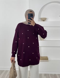 3253 - kalp nakışlı triko tunik -mor