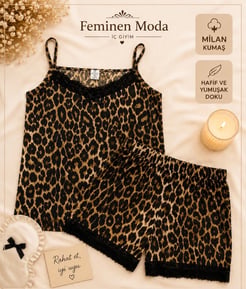 ç0010-milan kumaş şortlu ip askılı pijama takımı-leopar