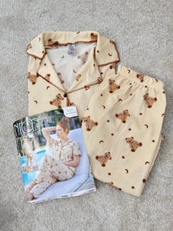ç6221-bürümcük kumaş gömlek yaka kısa kol pijama takımı-kahverengi