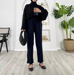 9005-dabıl krep kumaş-süs düğme detaylı beli lastikli pantolon-lacivert