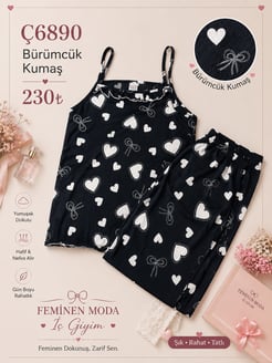 ç6890-bürümcük kumaş ip askılı kalpli pijama takımı-siyah