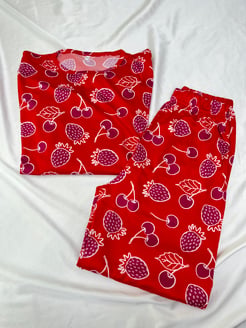 Ç1196-Milan kumaş uzun kollu meyve temalı pijama takımı-kırmızı
