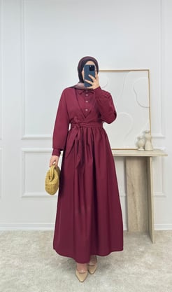 2930- terikoton kumaş önü baglama detaylı elbise - bordo