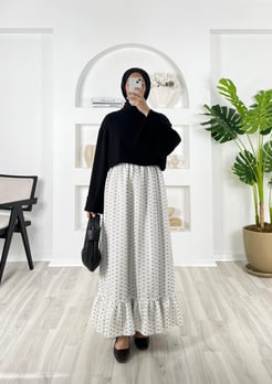 2437-gofre kumaş-nokta desenli beli lastikli etek-beyaz