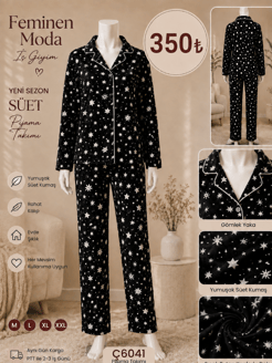 ç6041-süet kumaş gömlek yaka yıldızlı pijama takımı-siyah