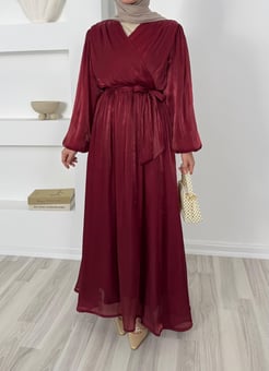 7098-balon kollu önü çapraz appel organze elbise-bordo