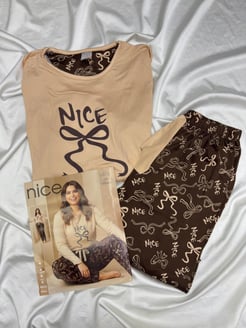 ç5853-milan lizbon kumaş  fiyonk desenli pijama takımı-kahve
