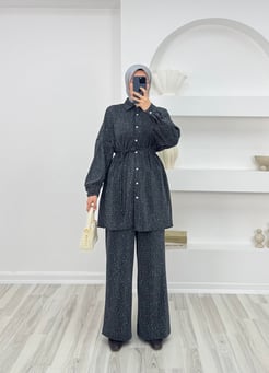 2759-biyeli tunik pantolonlu taşlı örme takım-yeşil