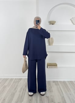9266 kristal kumaş pantolonlu takım -mavi