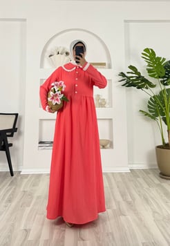 07269 - kırınkıl kumaş yaka ve kolu işlemeli elbise - pembe