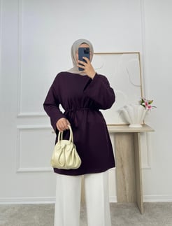 7313-kristal kumaş bağlamalı tunik-bordo