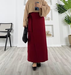 44069-fermuarlı bağlamalı keten kumaş etek bordo