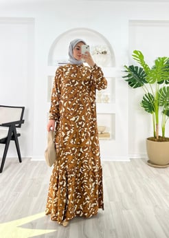 1957-pamuk viskon kumaş-etnik desenli etek altı fırfırlı elbise-tarçın