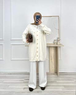 7585-ANGORA İNCİLİ UZUN HIRKA-KREM