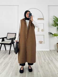 13933- kopitone kumaş kapşonlu yelek - acı kahve 