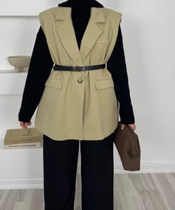 9824-vatkalı blazer kemerli yelek-mint yeşili