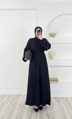 99150-örme triko kuşaklı elbise - siyah