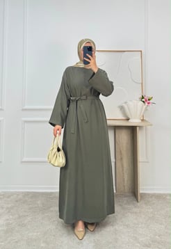 0183-tencel kumaş kuşaklı düz elbise-haki