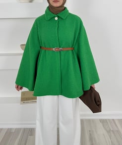 8517 buklet kumaş kemerli panço-benetton yeşili