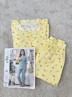 ç8658-milan kumaş kısa kollu pijama takımı-sarı 