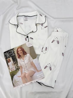 ç6808-bürümcük kumaş şortlu kısa kollu pijama takımı-beyaz