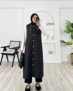 13933- kopitone kumaş kapşonlu yelek - siyah 