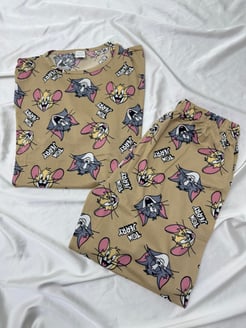 ç571 - milan kumaş kısa kollu tom&jerry pijama takımı - kahve 