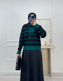 240764-çizgili önü çapraz ipli triko kazak-yeşil