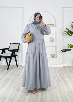 33065-terikoton kumaş-yarım düğmeli v yaka elbise-gri