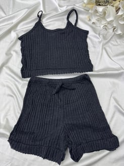 ç89515 - fitilli ip askılı şortlu pijama takımı - füme 