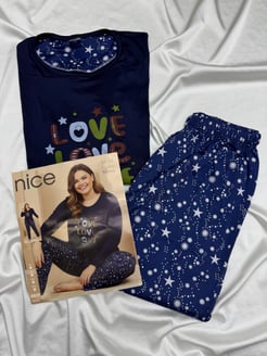 ç5839-milan lizbon kumaş yıldızlı love yazılı pijama takımı-lacivert