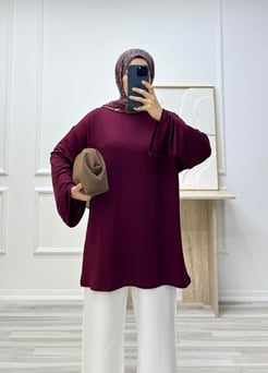 1580-kristal kumaş kolları bol tunik-bordo