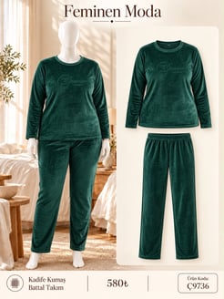 ç9736-battal boy kadife kumaş uzun kol pijama takımı-yeşil