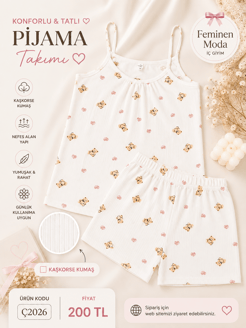 ç2026-kaşkorse kumaş ip askılı şortlu ayıcık pijama takımı-beyaz