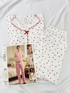 ç8658-raporlu kaşkorse kısa kol kalpli pijama takımı-beyaz