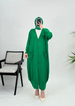 3221 D56+triko kumaş-düğmeli diz altı uzun hırka-Benetton Yeşili