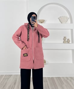 5631 - keçe kumaş önü cepli kapşonlu ceket- pudra