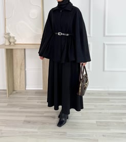 7813-kemerli kaşe panço -siyah