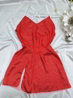 ç68679 - saten mini puantiyeli elbise - kırmızı