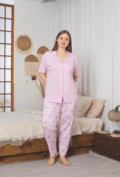 Ç8474 - MİLAN KUMAŞ GÖMLEK YAKA KALPLİ PİJAMA TAKIMI - LİLA