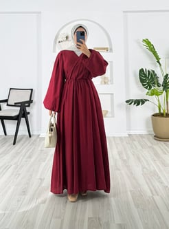 5653-wrn kumaş-çapraz biyeli kuşaklı elbise-bordo