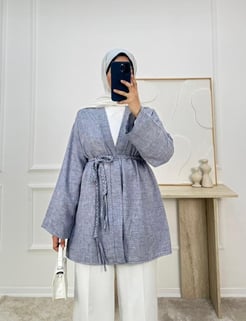 6687 - keten kumaş kemerli kimona -lacivert